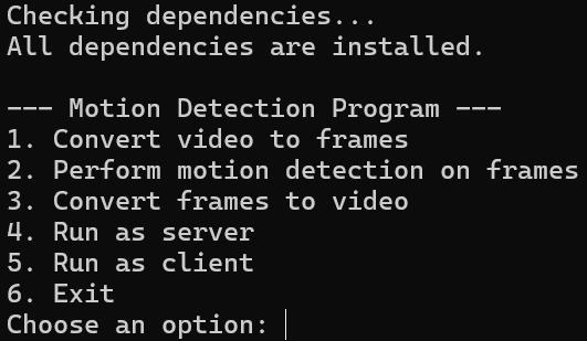 Terminal-based menu interface for motion detection operations
